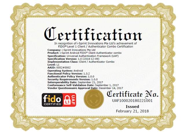 安讯奔Android Fido 1级客户端/认证器组合认证证书